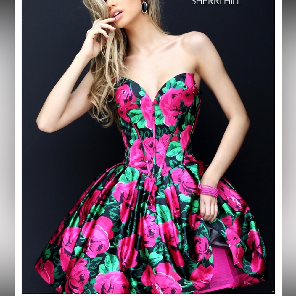 Sherri Hill Strapless Mini Dress with Hot Pink & Green Floral Print